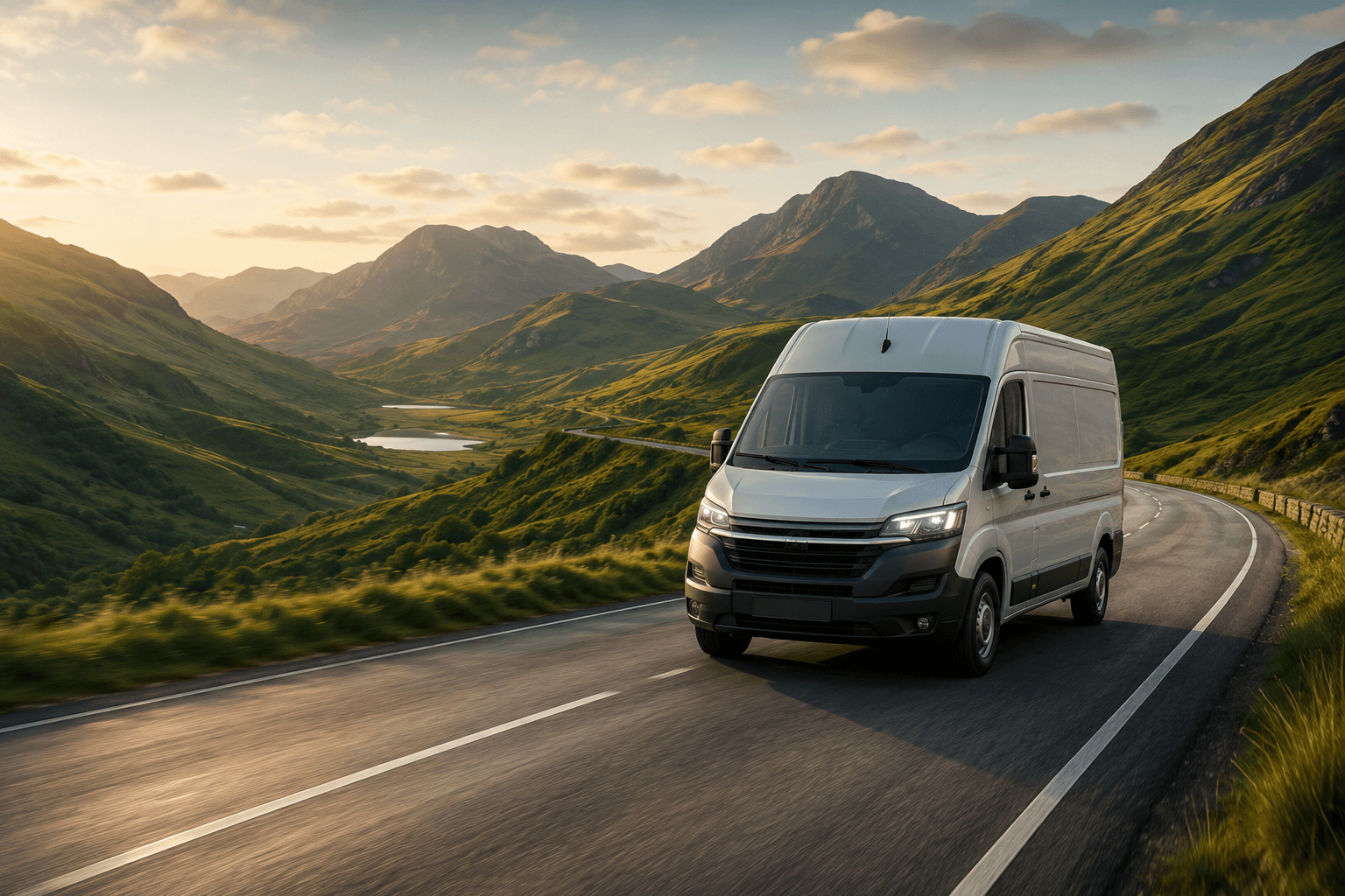 White van on a scenic UK mountain road